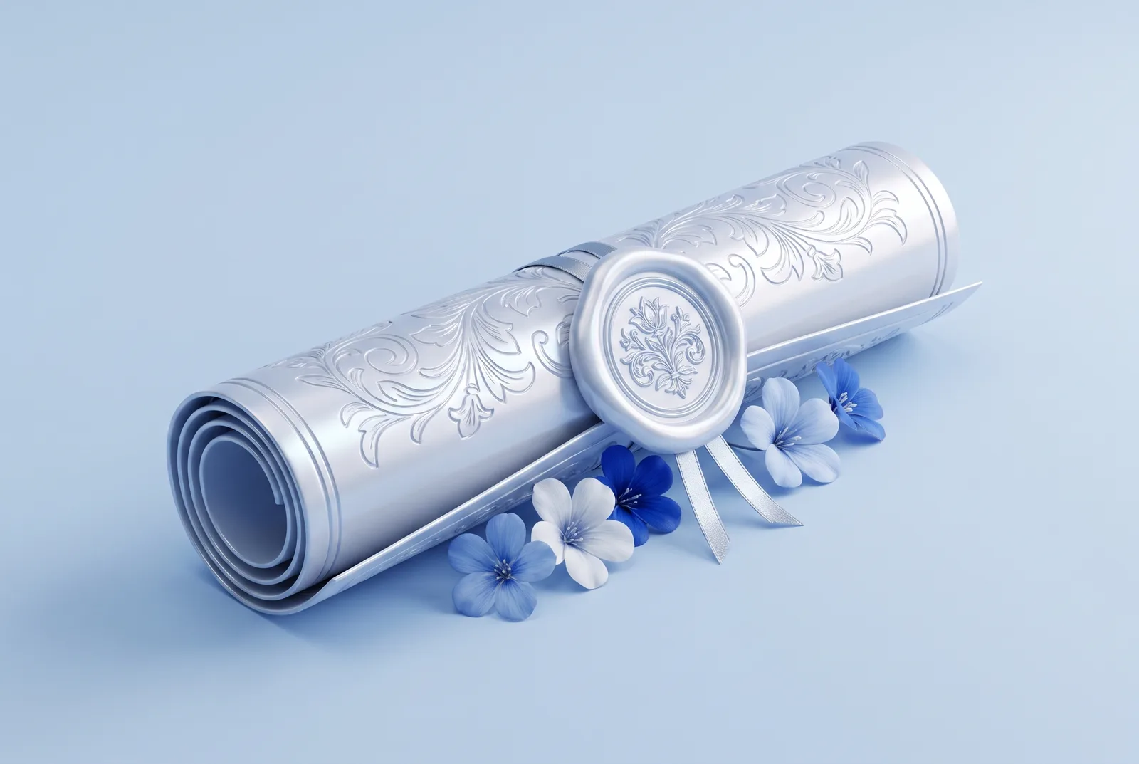 An engraved scroll sealed with a wax stamp, surrounded by blue flowers